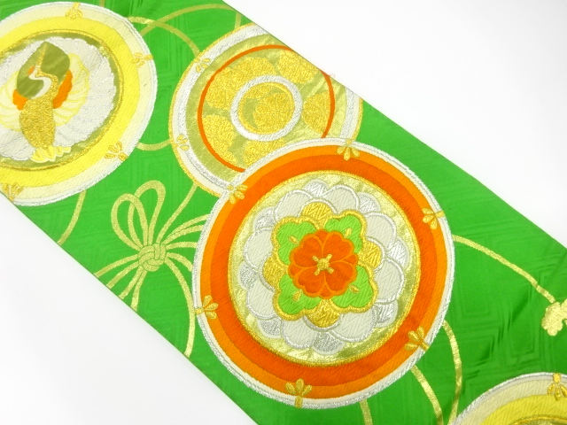 JAPANESE KIMONO / ANTIQUE FUKURO OBI / SILK / WOVEN FLORAL CREST & CRANE